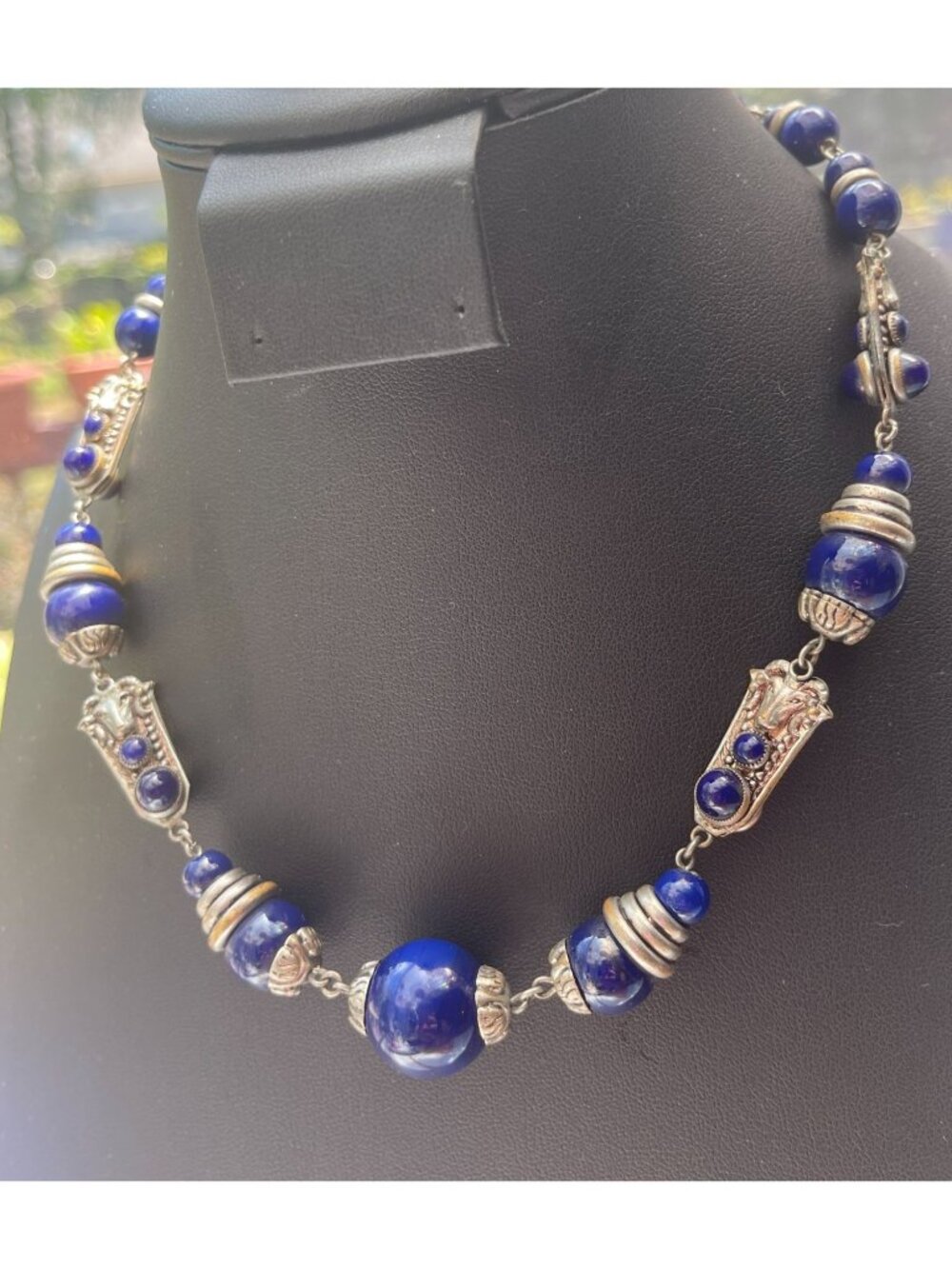 Vtg Art Deco Czech Lapis Blue Glass Beaded Necklace W/ Silver Ram Heads Aries Zo